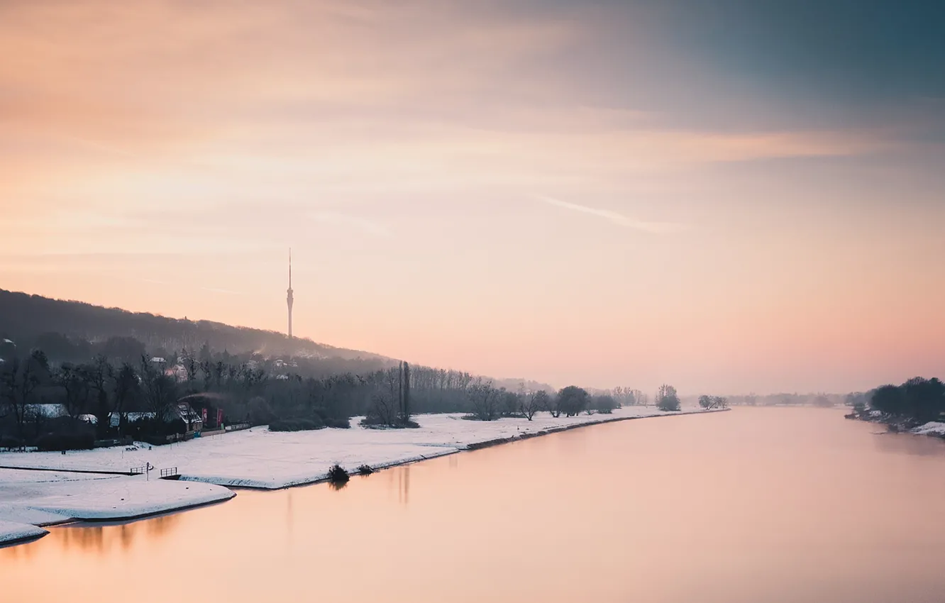 Photo wallpaper twilight, tower, river, Germany, sunset, Dresden, winter, snow