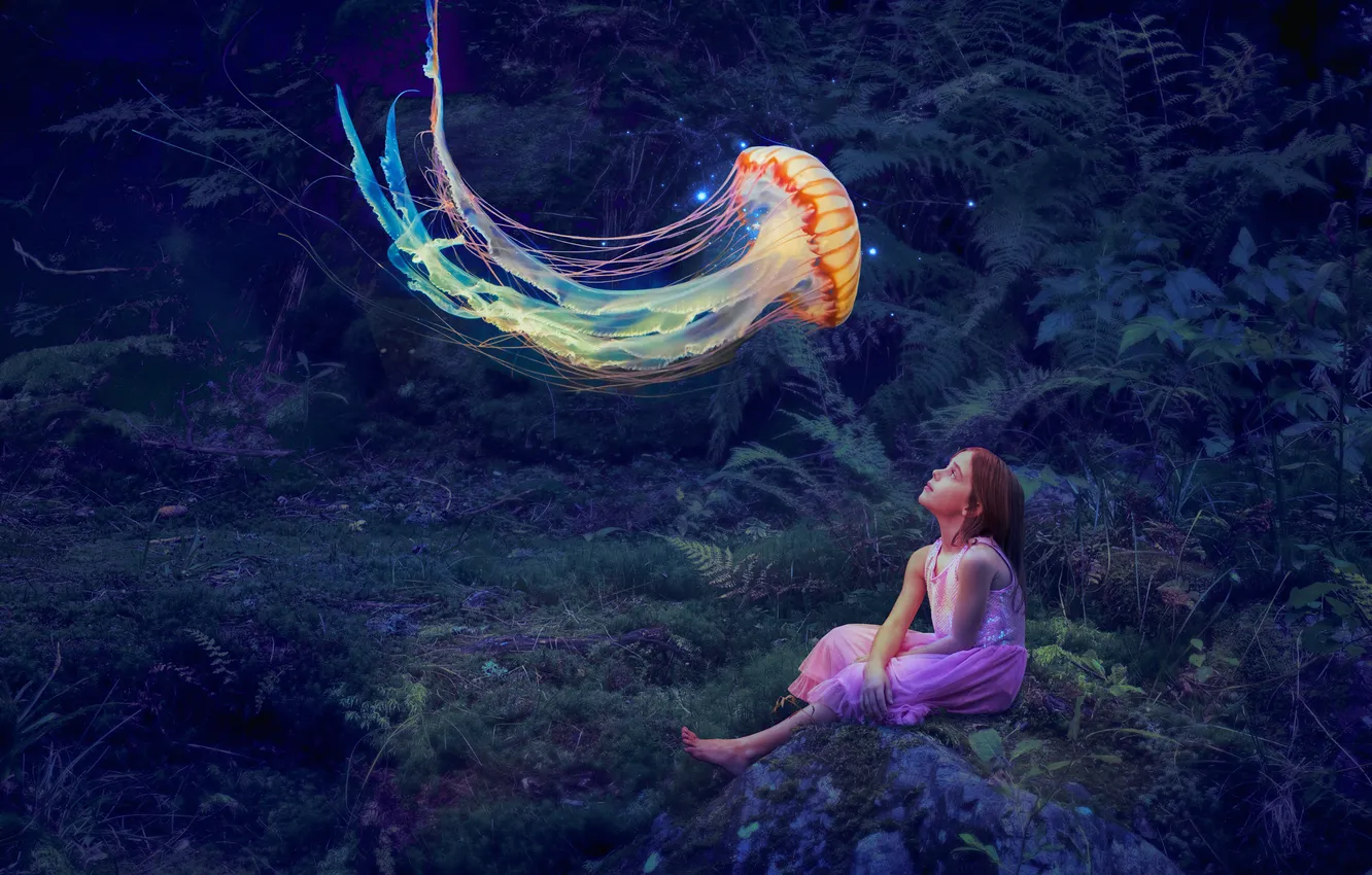 Photo wallpaper nature, rendering, fiction, jellyfish, girl