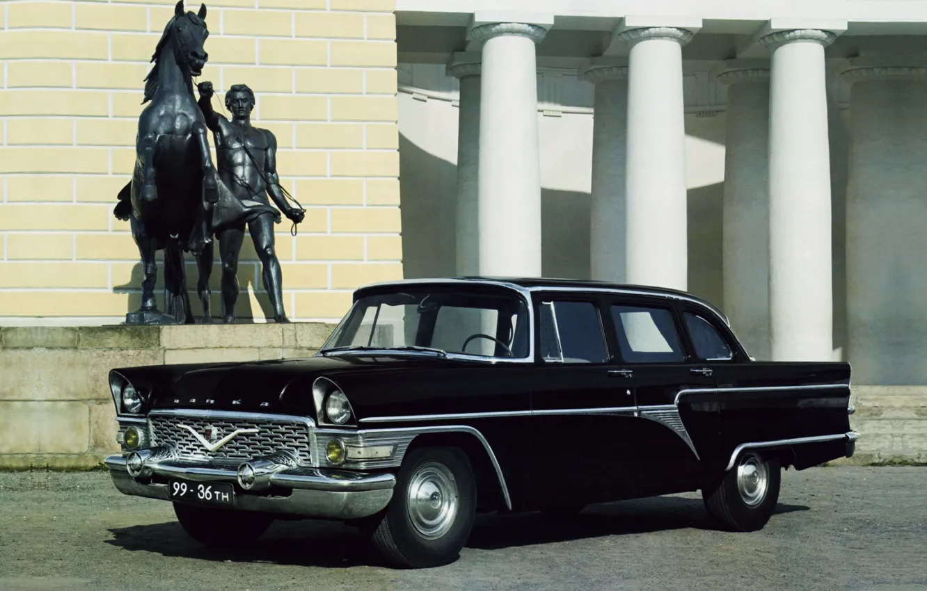 Photo wallpaper background, black, Seagull, columns, sedan, classic, the front, GAS