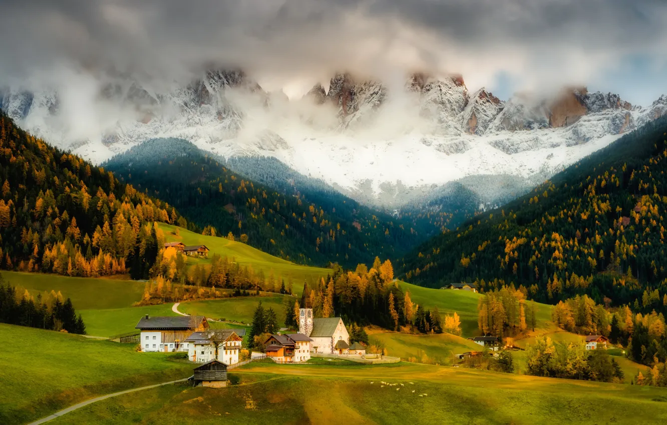 Photo wallpaper field, autumn, forest, clouds, mountains, Alps, house, settlement