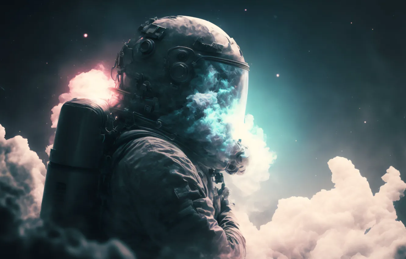 Photo wallpaper clouds, smoke, astronaut, the suit, satchel, AI art