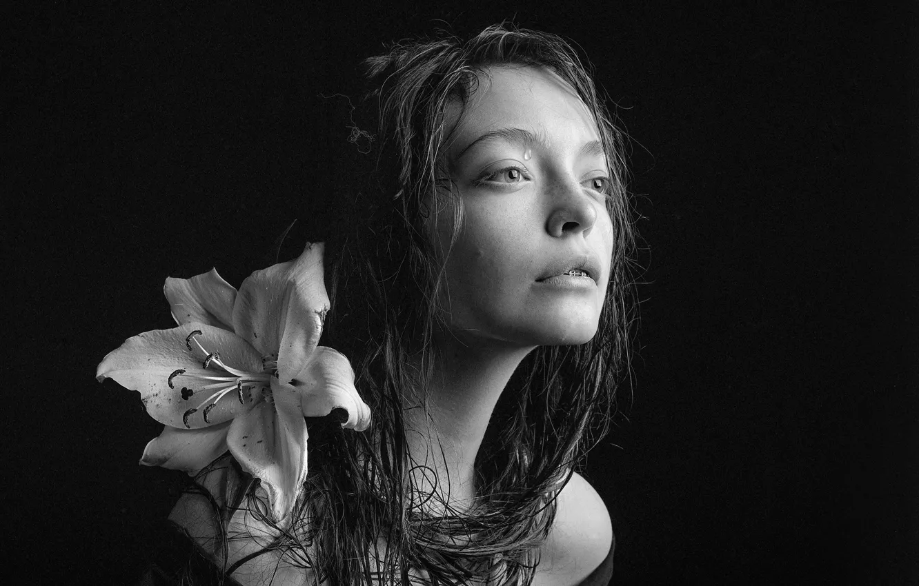 Photo wallpaper flowers, portrait, monochrome, Lyudmila Tomilova