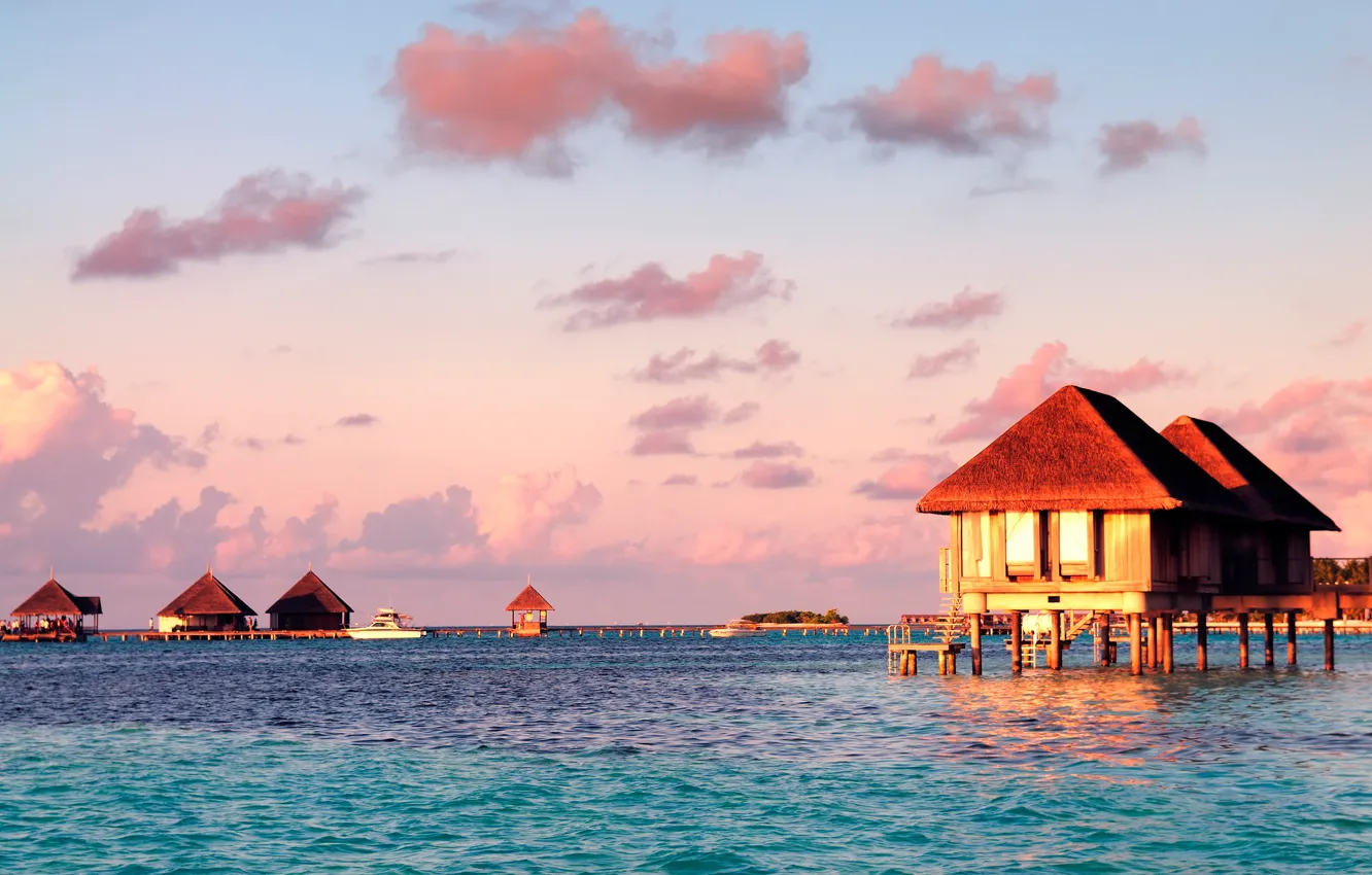 Photo wallpaper sea, the sky, the sun, clouds, sunset, tropics, horizon, The Maldives