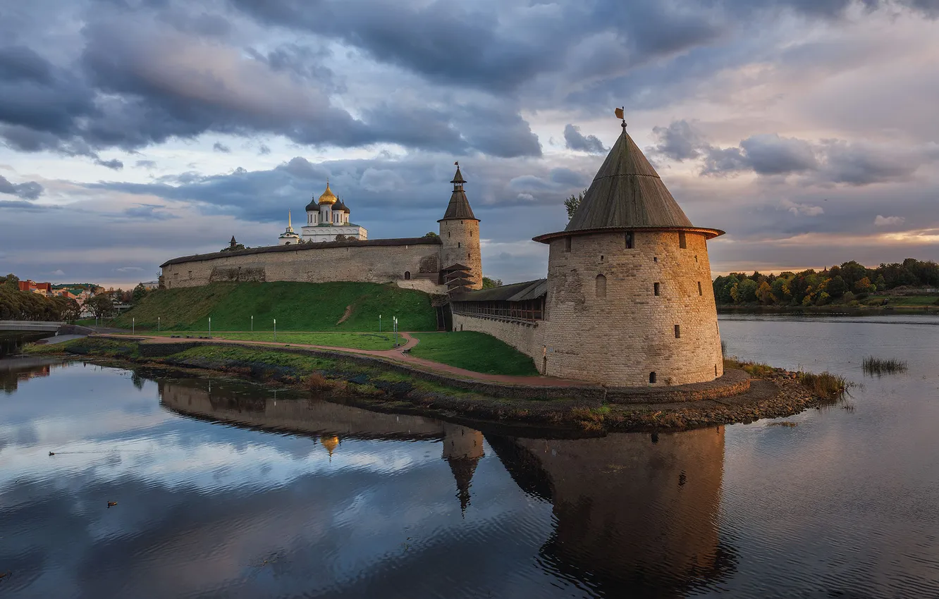 Photo wallpaper clouds, river, tower, the reflection in the water, Pskov Chrome, Sergey Morozov