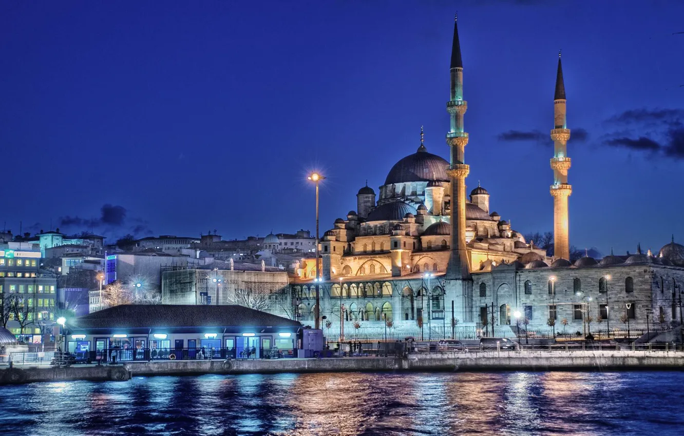 Photo wallpaper sea, night, lights, home, Istanbul, Turkey, the minaret, New mosque