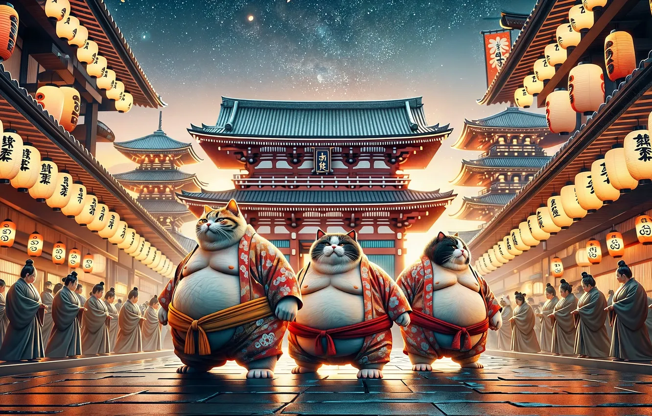 Photo wallpaper cat, castle, people, area, sumo