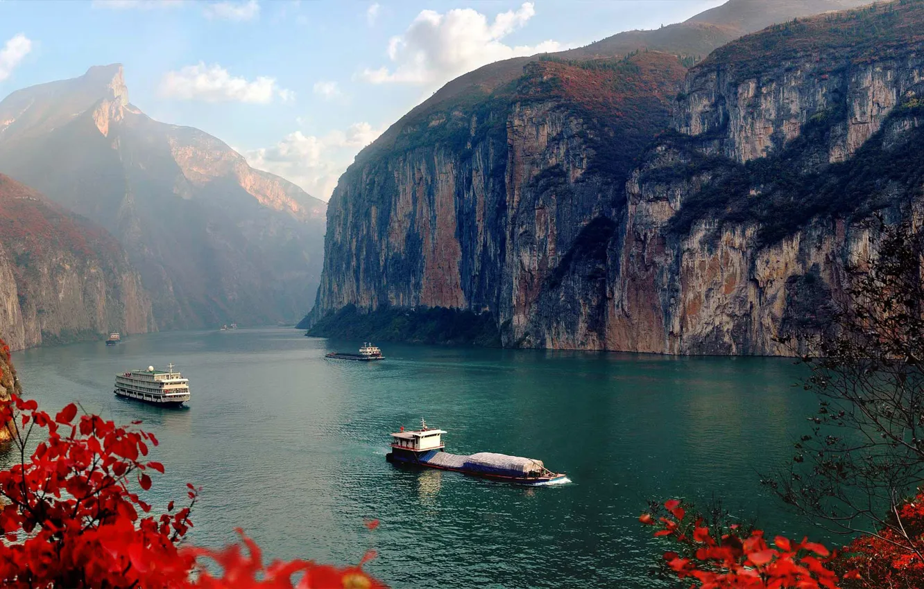 Photo wallpaper autumn, leaves, river, rocks, ship, China, Yangtze, Three gorges