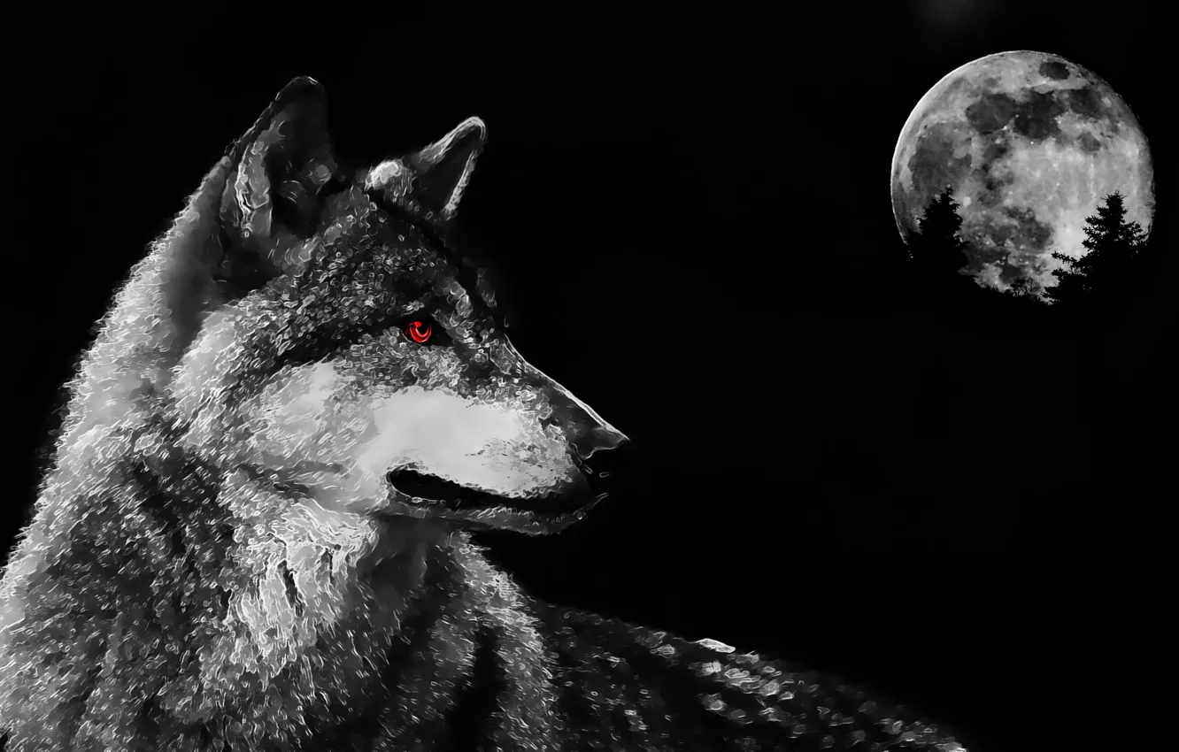 Photo wallpaper eyes, the moon, wolf, predator
