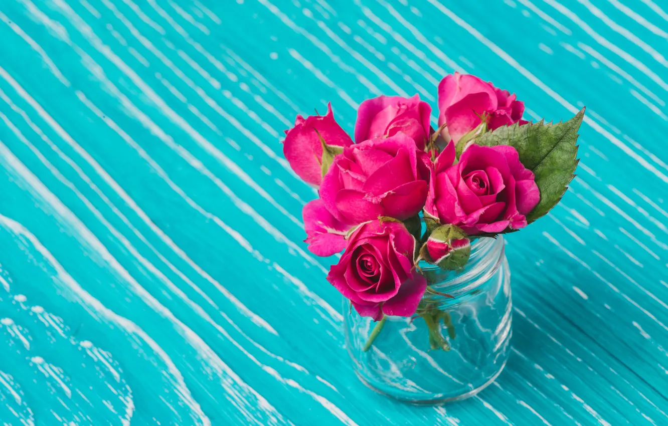 Photo wallpaper roses, bouquet, wood, flowers, vase