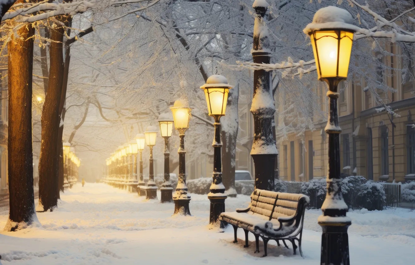 Photo wallpaper winter, snow, trees, bench, night, lights, Park, street