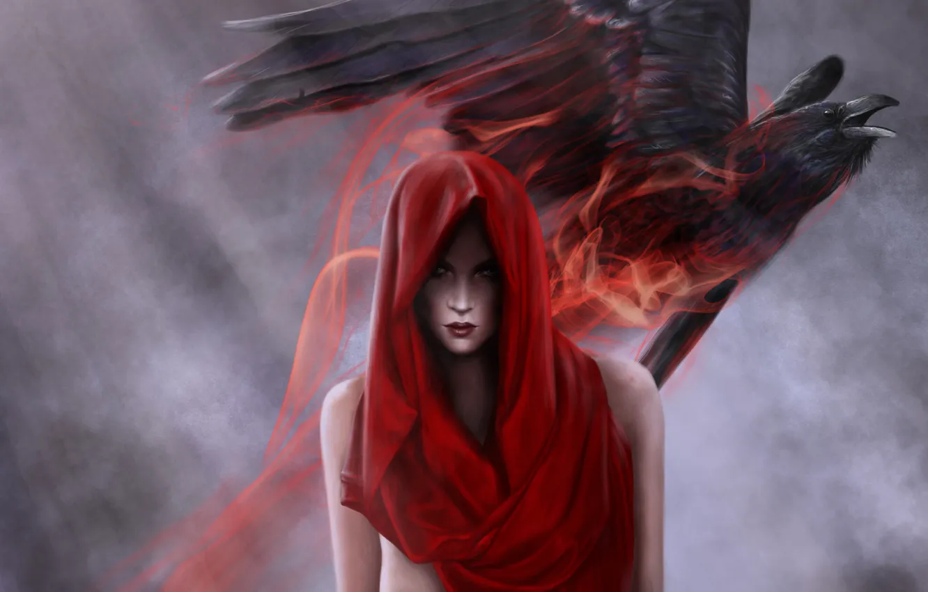Photo wallpaper girl, red, bird, magic, art, hood, Raven