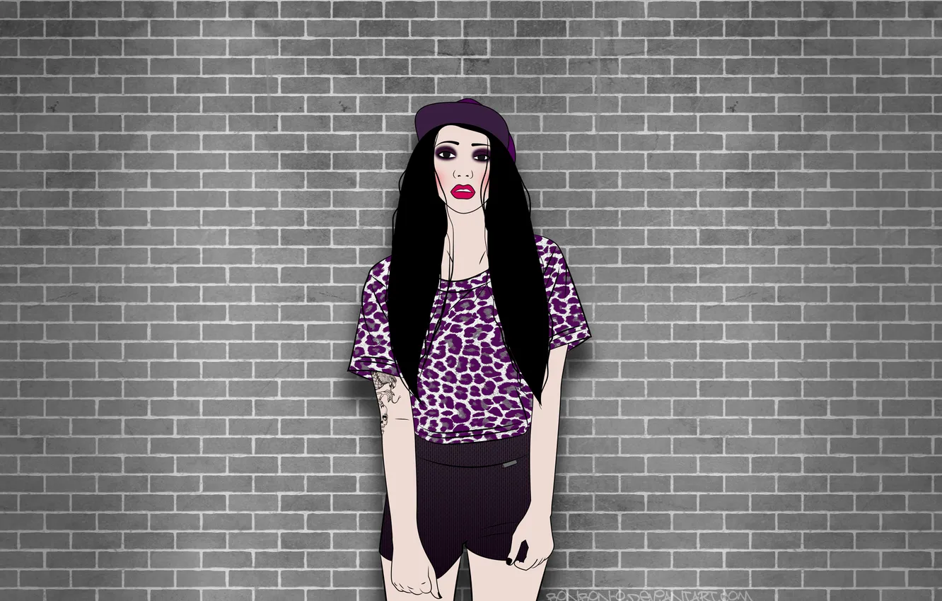 Photo wallpaper girl, wall, shorts, tattoo, leopard, cap