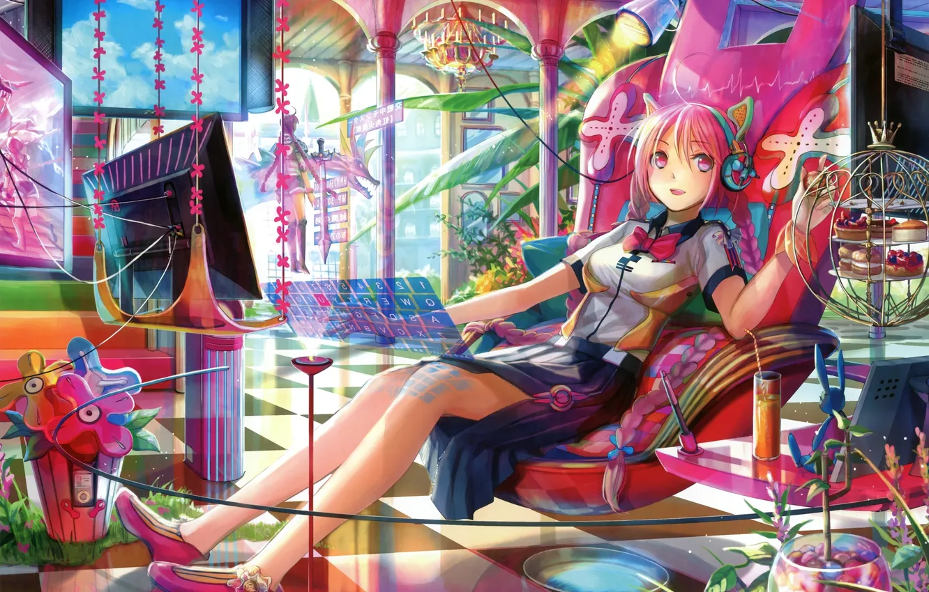Photo wallpaper computer, girl, fiction, room, chair, headphones, sweets, sitting