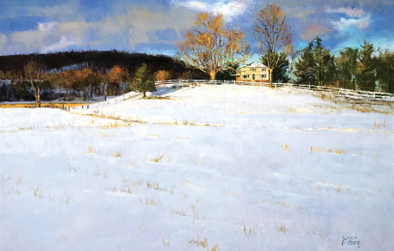 Photo wallpaper winter, forest, snow, trees, landscape, the fence, home, spruce