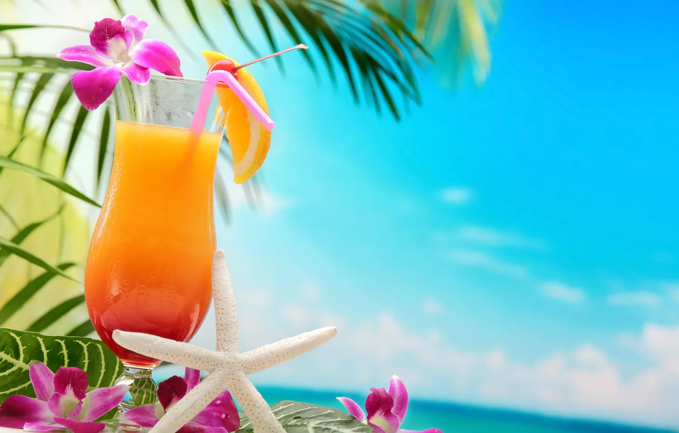 Photo wallpaper sea, beach, palm trees, cocktail, summer, beach, sea, paradise