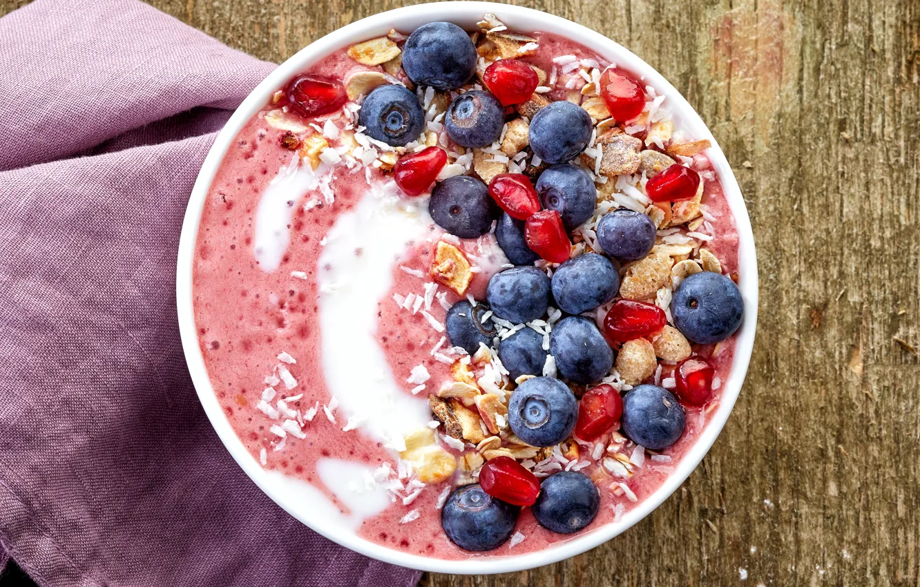 Photo wallpaper berries, Breakfast, blueberries, breakfast, muesli, yogurt