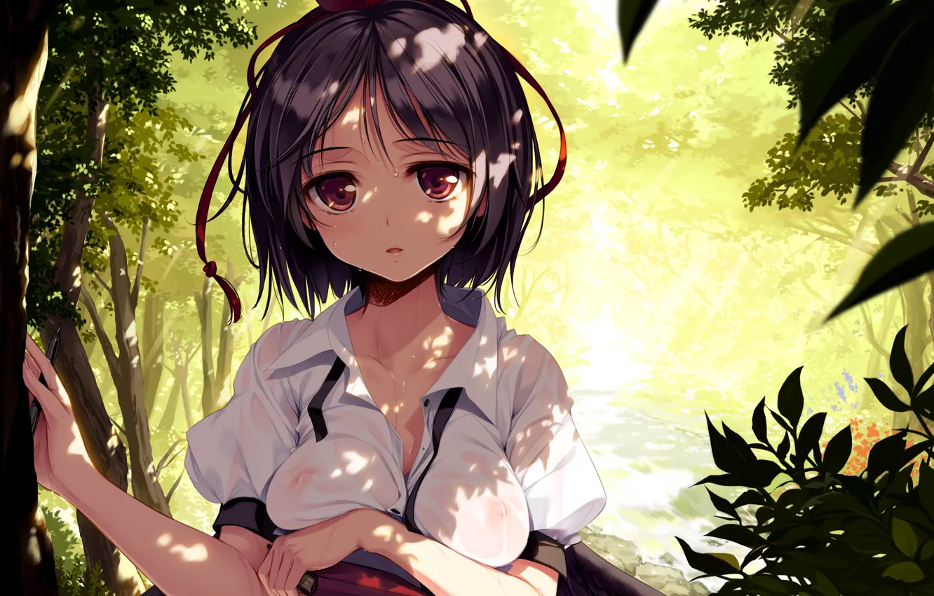 Photo wallpaper Sunny day, Aya Shameimaru, big eyes, in the woods, white blouse, Touhou Project, tengu, Project …