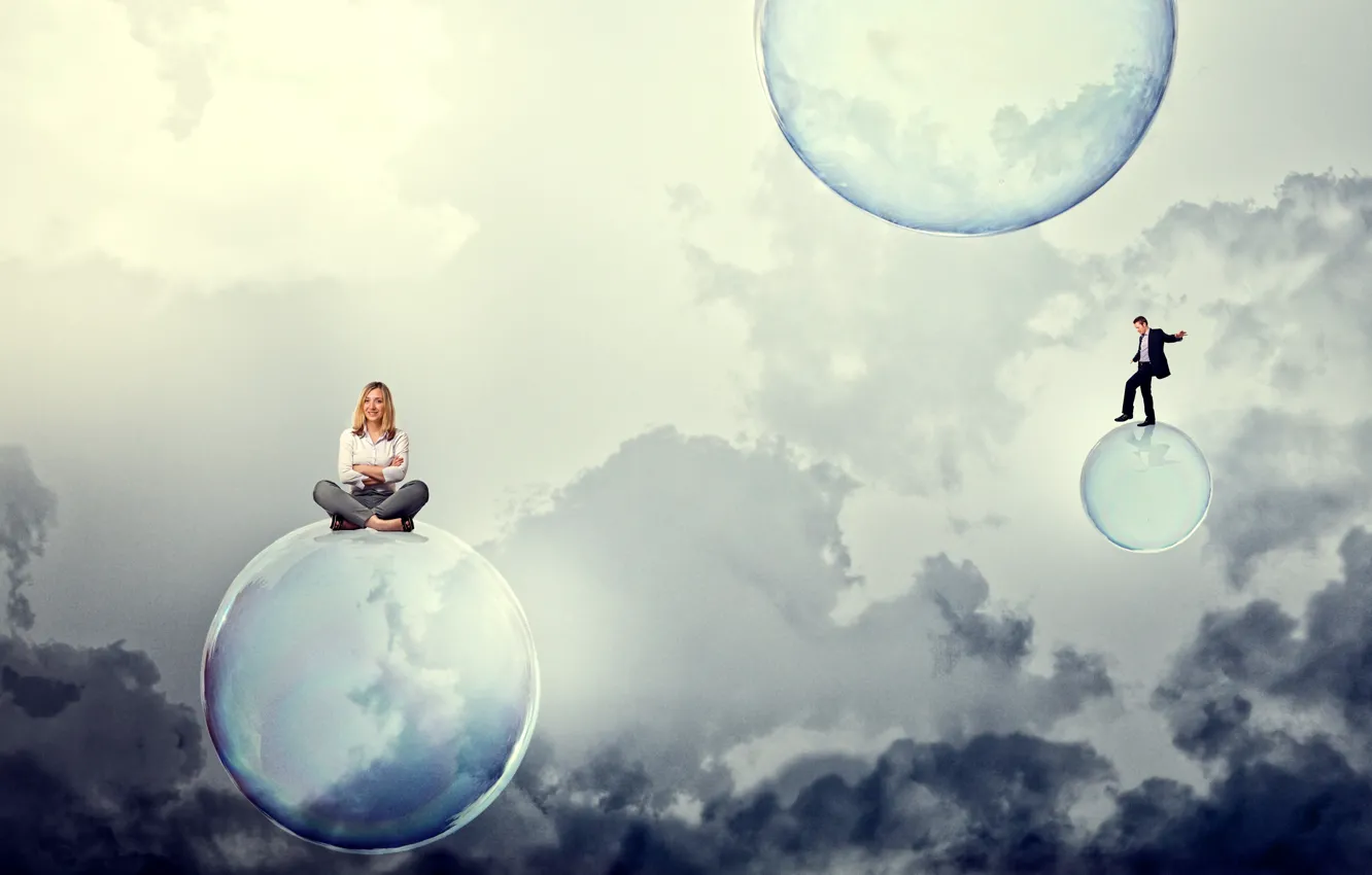 Photo wallpaper the sky, girl, clouds, smile, bubbles, blonde, guy