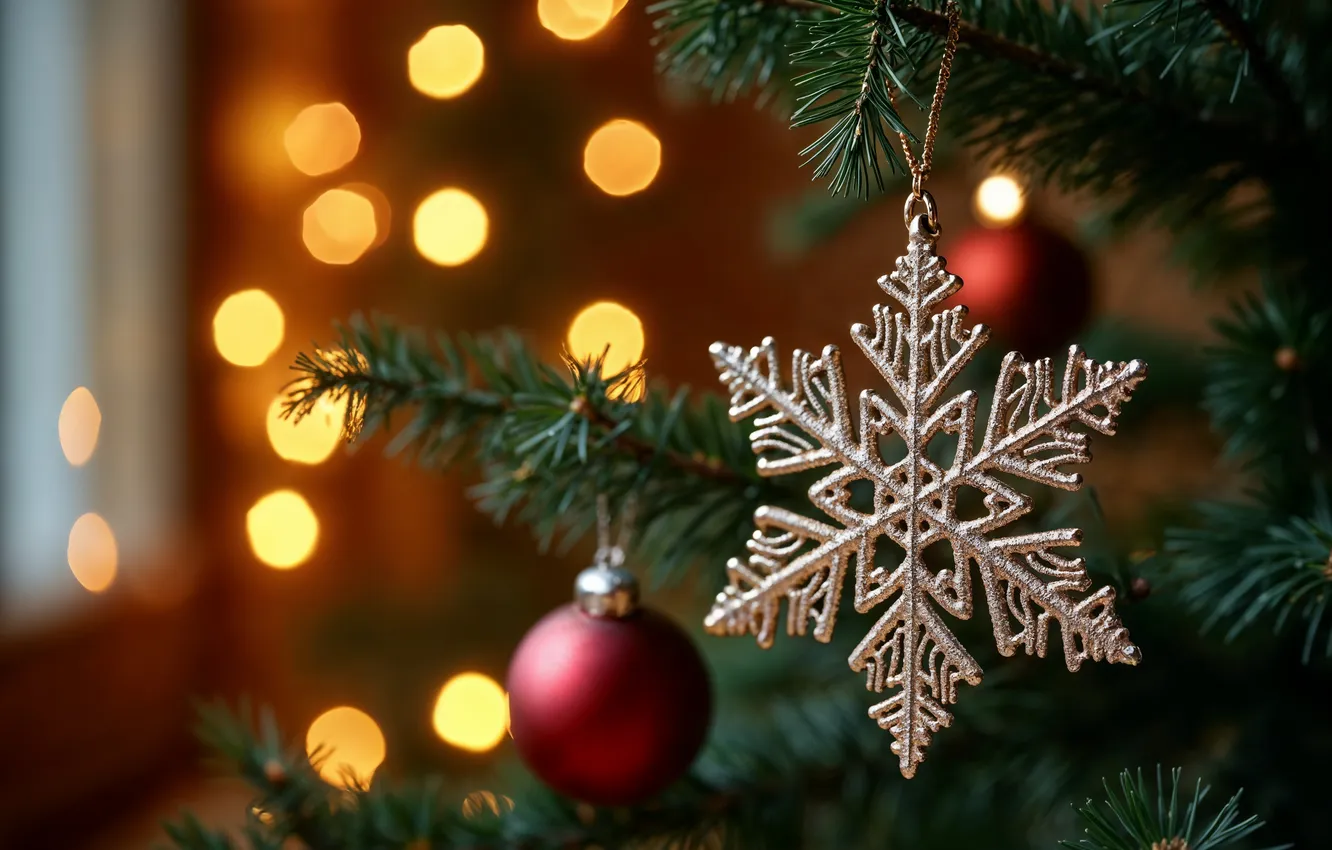 Photo wallpaper decoration, snowflakes, toy, tree, new year, Christmas, Christmas, tree