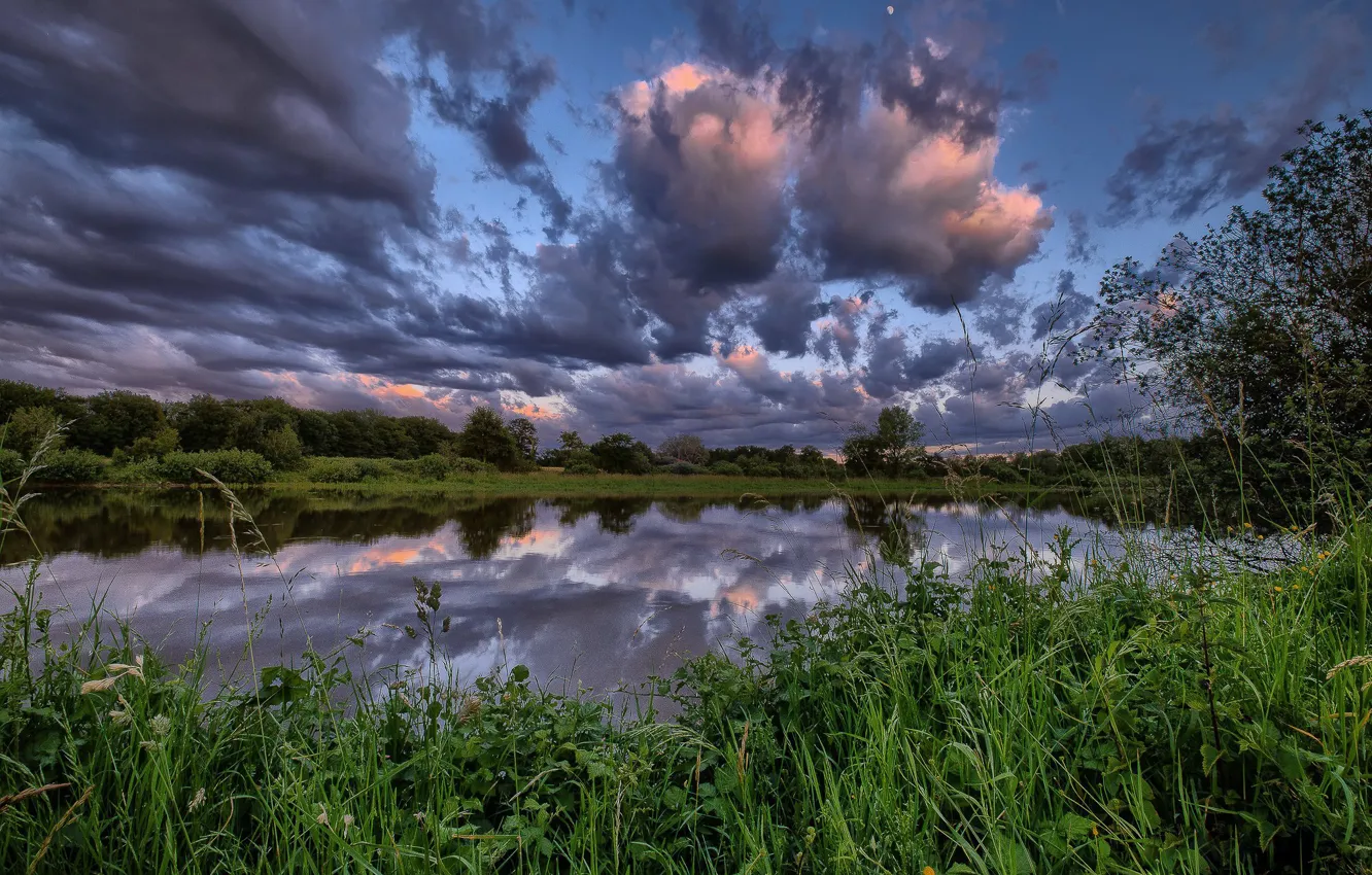 Photo wallpaper the sky, clouds, lake, France, Villars-Les-Dombes