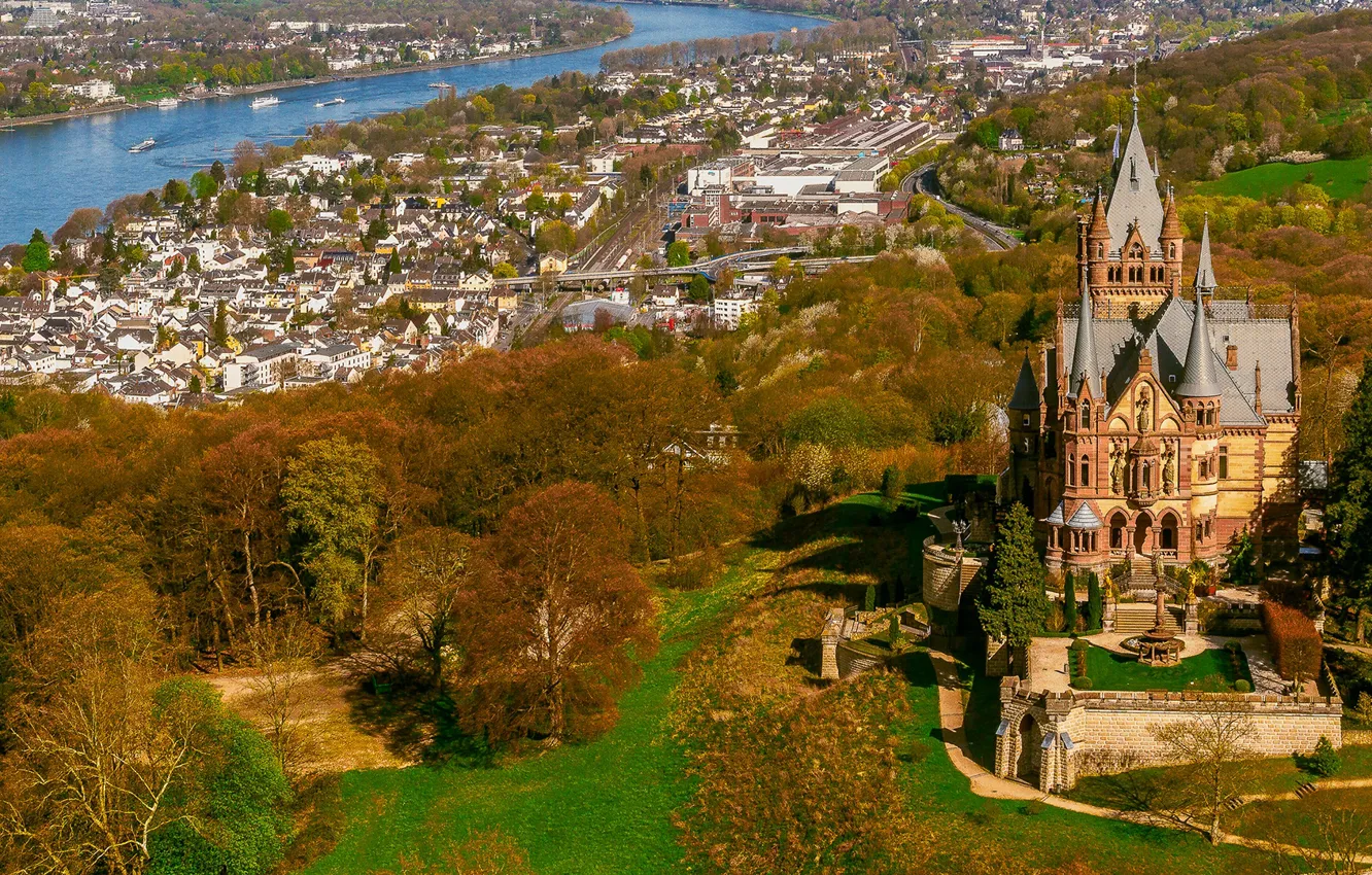 Photo wallpaper autumn, the sun, trees, river, castle, home, Germany, panorama