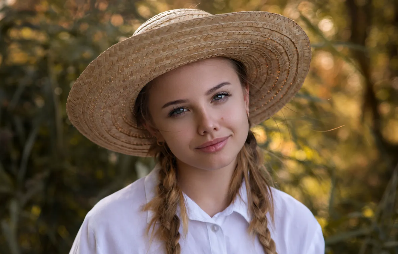 Photo wallpaper girl, hat, model, portrait, pigtails