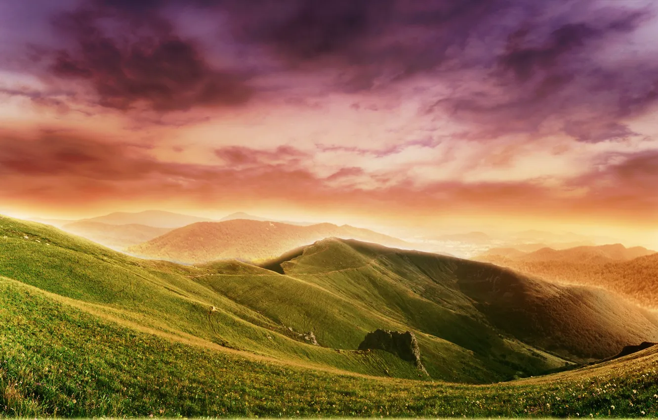 Photo wallpaper clouds, hills, color