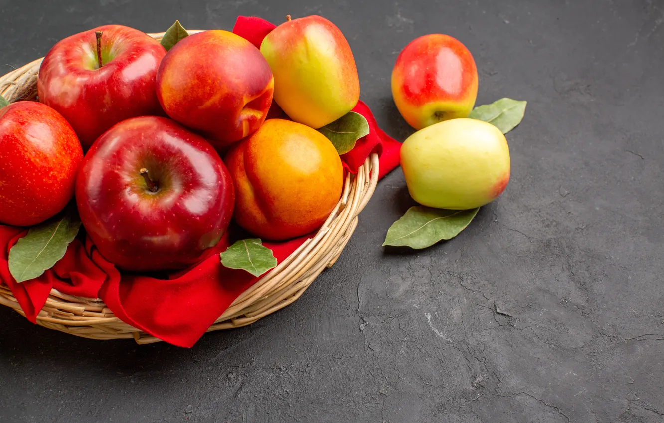 Photo wallpaper leaves, yellow, red, table, apples, towel, fabric, fruit