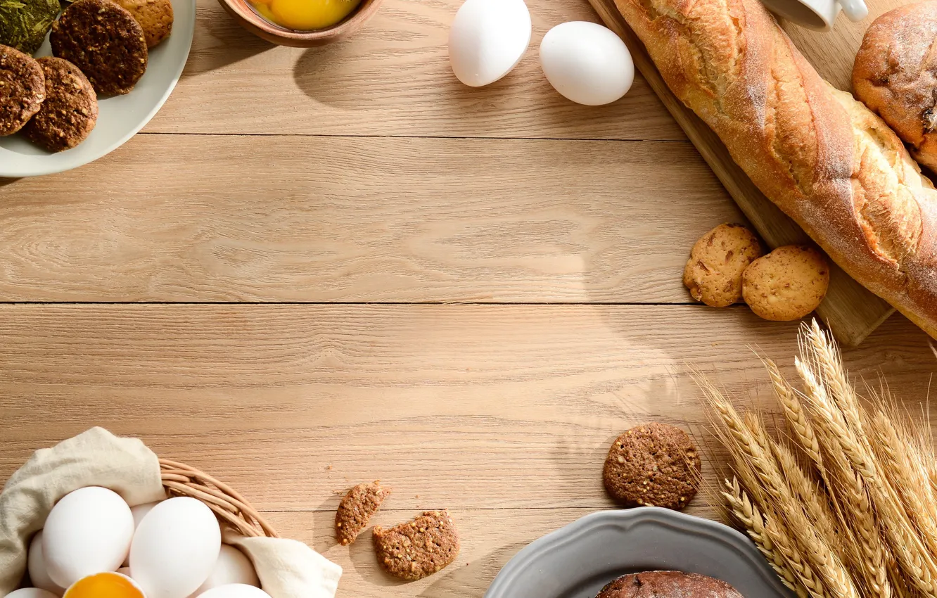 Photo wallpaper eggs, cookies, spikelets, bread