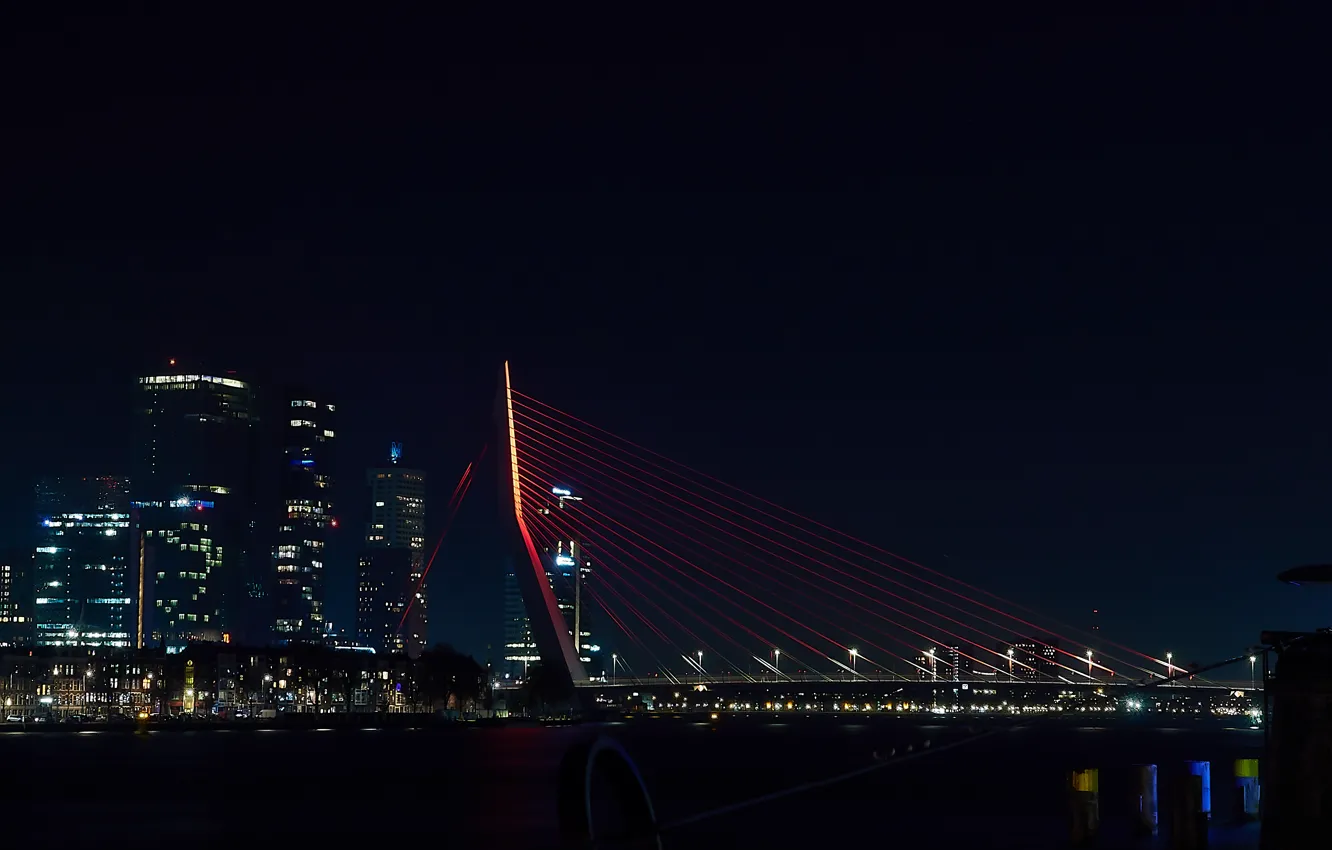 Photo wallpaper bridge, lights, the evening, Rotterdam, Willemsbrug