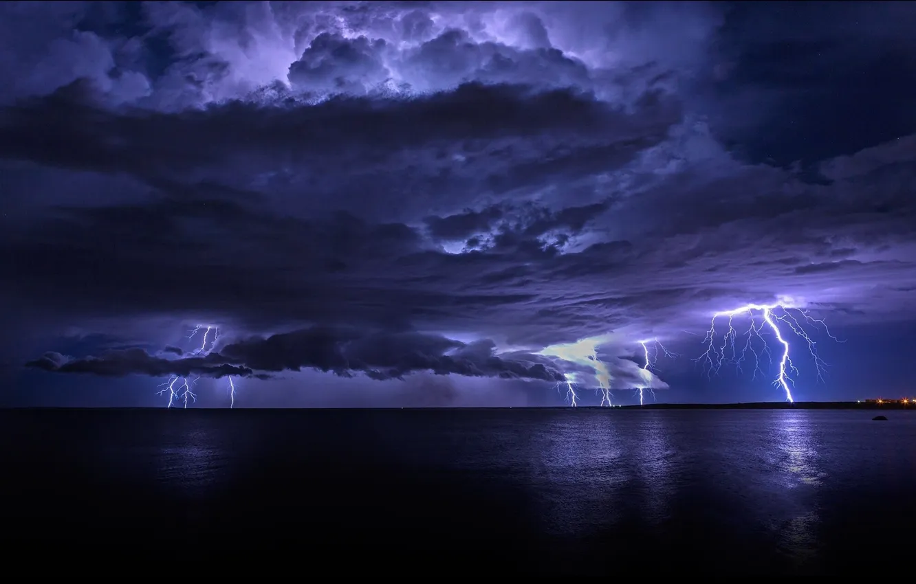 Photo wallpaper sea, the sky, water, reflection, landscape, night, clouds, nature