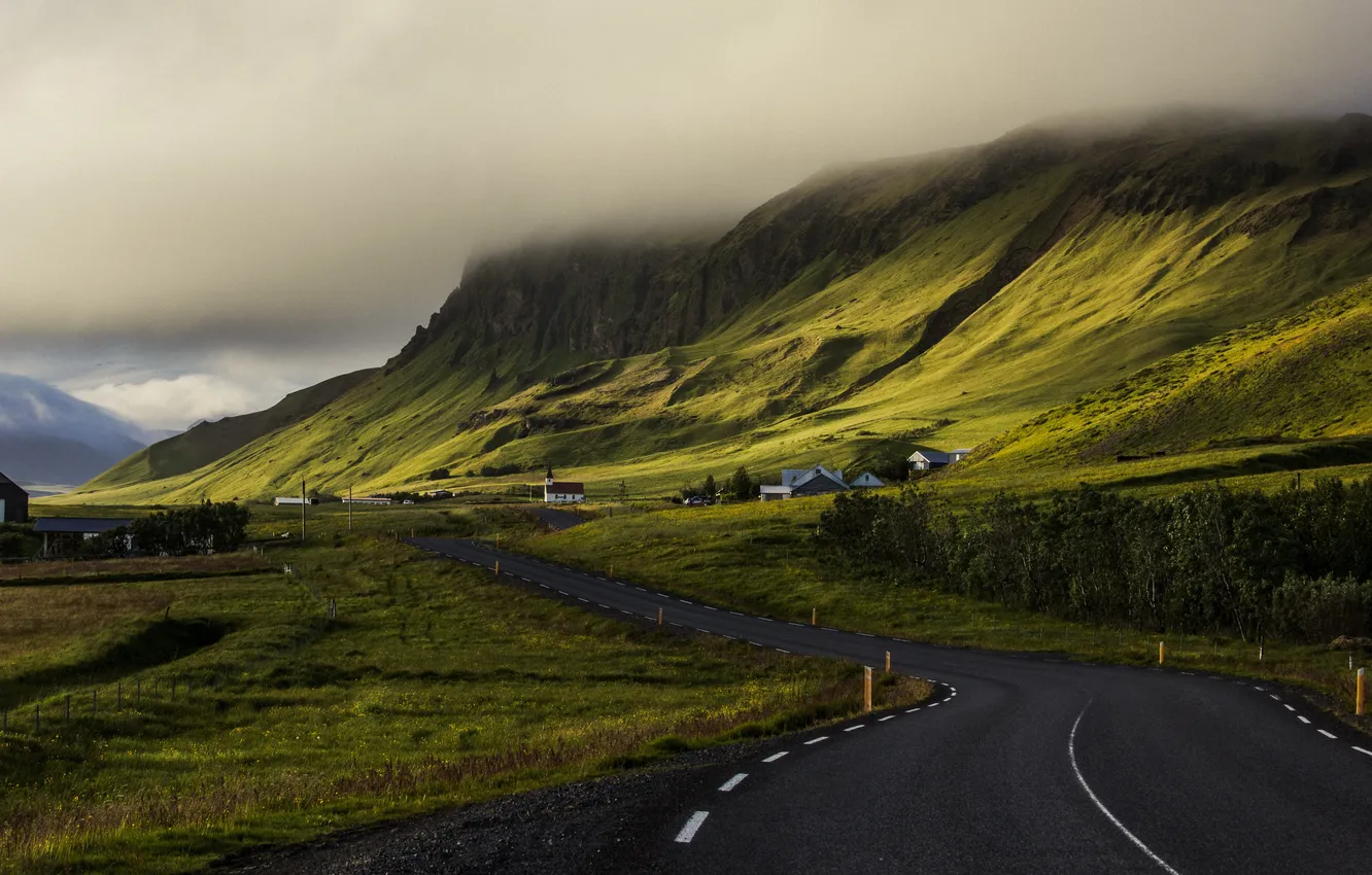 Photo wallpaper grass, road, sky, landscape, nature, mountains, clouds, fence