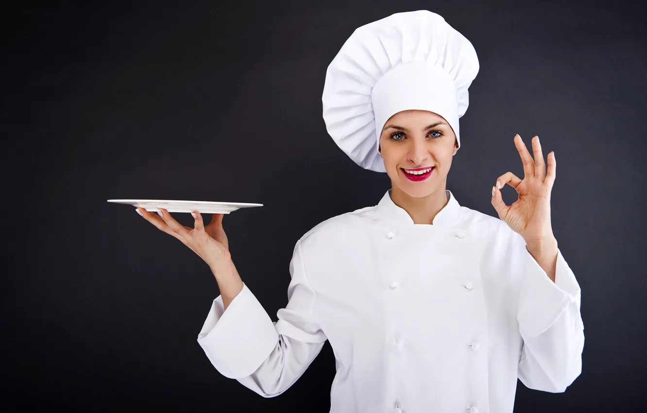 Photo wallpaper look, girl, pose, smile, background, hands, makeup, plate