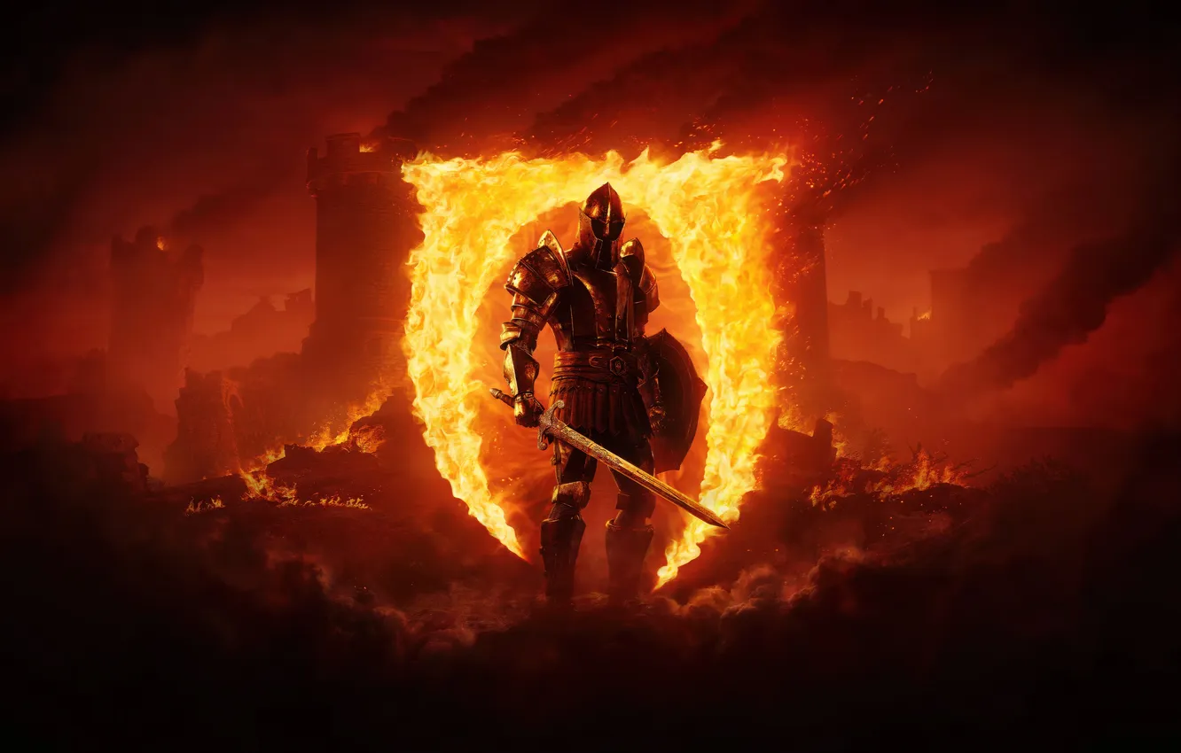 Photo wallpaper fire, flame, sword, Oblivion, chaos, ken, blade, shield