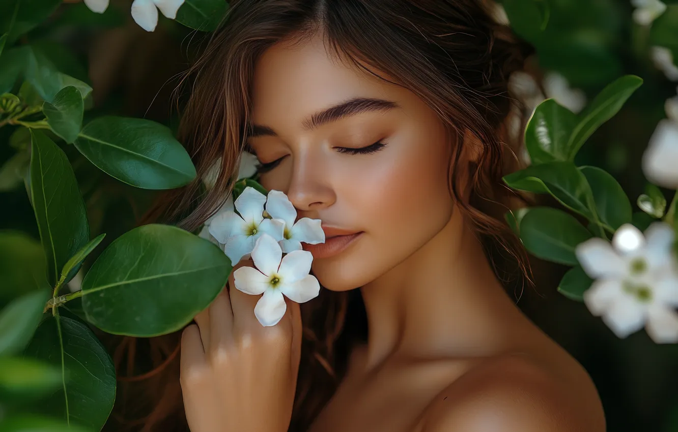 Photo wallpaper leaves, girl, flowers, branches, face, portrait, hands, brown hair
