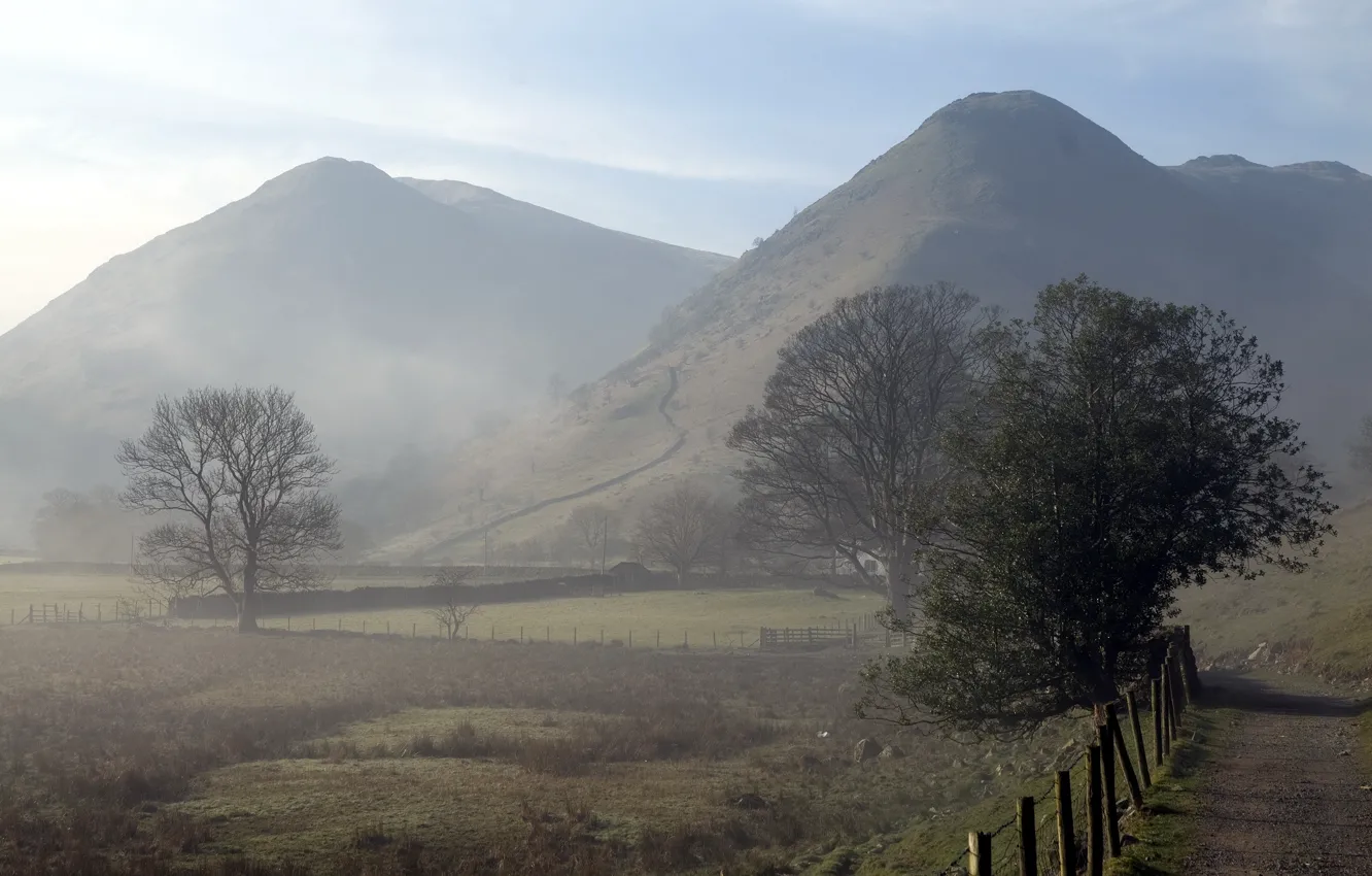 Photo wallpaper road, landscape, mountains, fog, the fence, morning