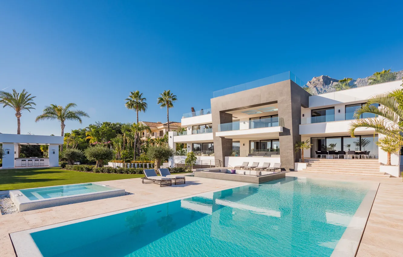 Photo wallpaper palm trees, Villa, pool, architecture, terrace, Marbella, Villa Mozart, Sierra Blanca