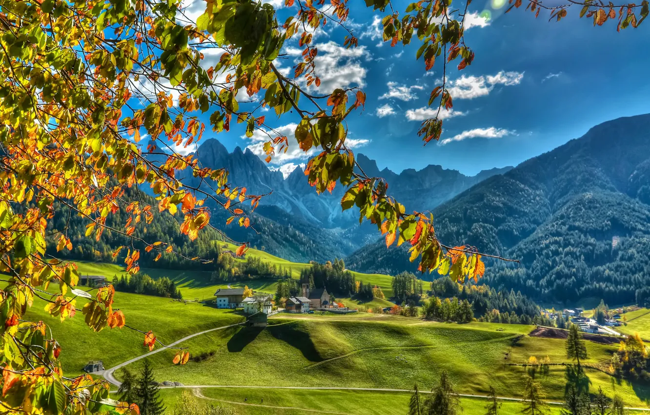 Photo wallpaper autumn, mountains, branches, valley, village, Italy, Italy, The Dolomites