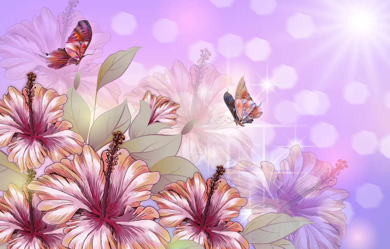 Photo wallpaper butterfly, flowers, Wallpaper