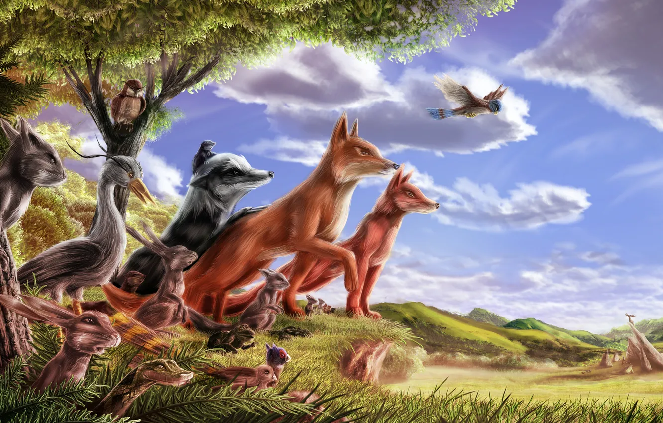 Photo wallpaper forest, trees, rocks, animal, owl, bird, hare, tale