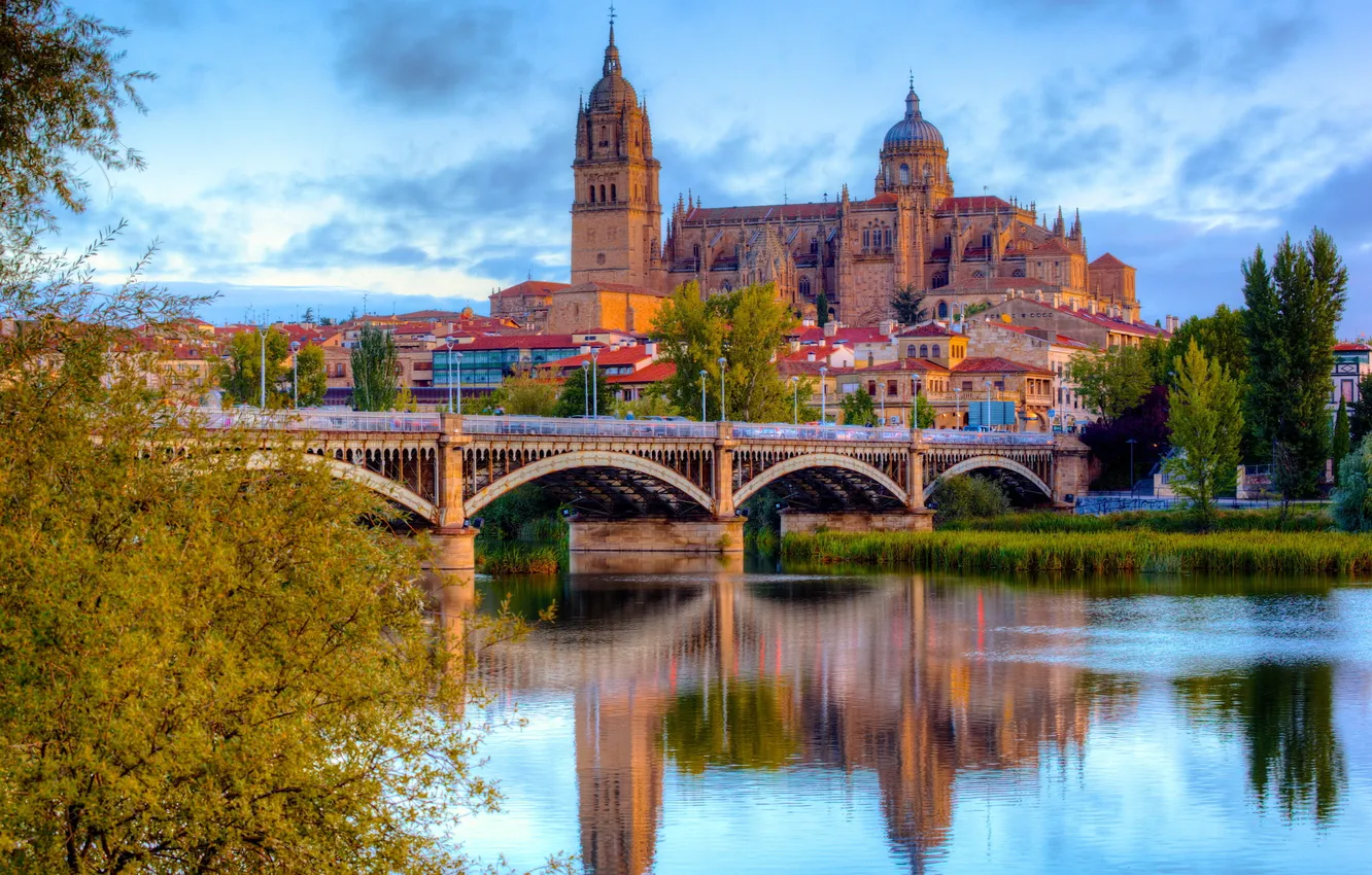 Photo wallpaper bridge, city, river, home, Spain, Spain, Salamanca, Church.