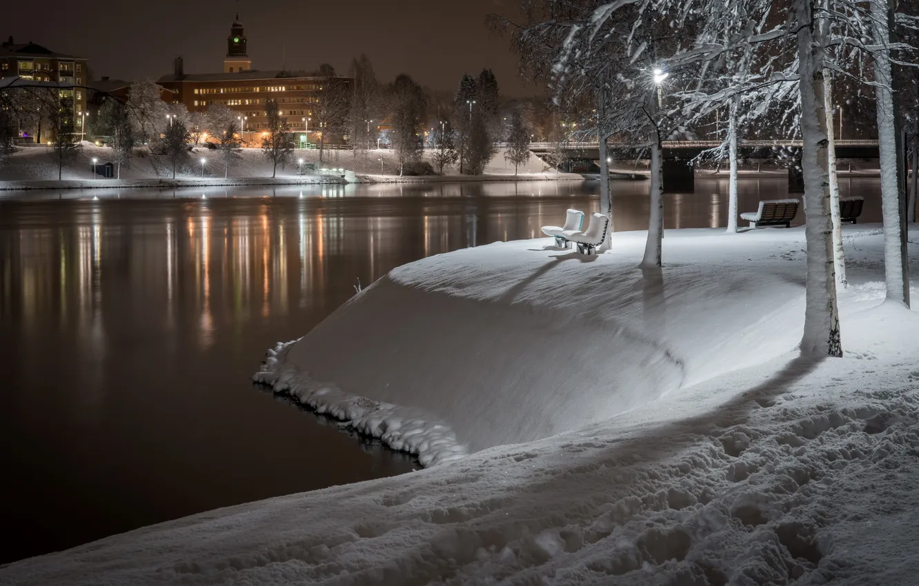Photo wallpaper snow, night, river, bench