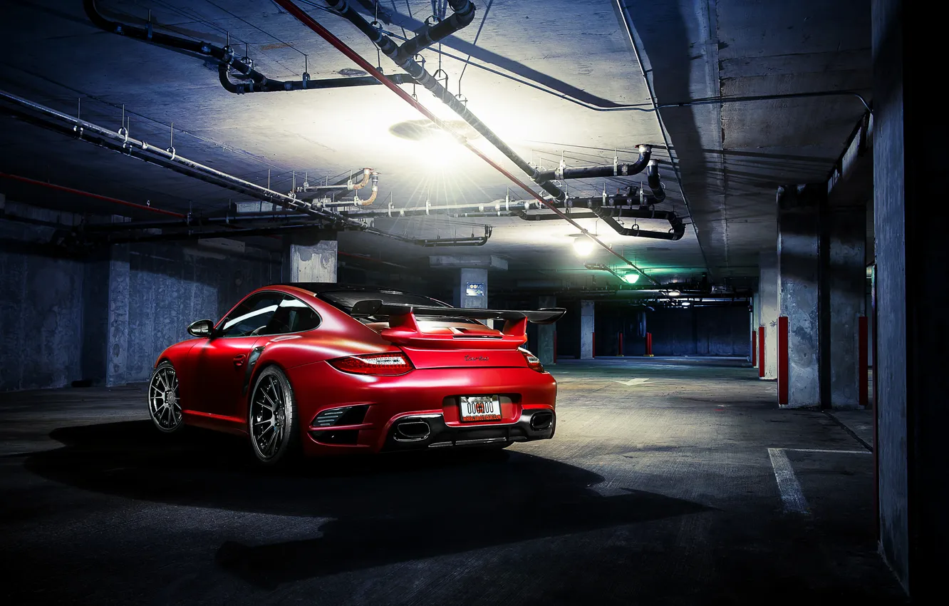 Photo wallpaper red, 911, Porsche, Parking, red, Porsche, Turbo, Rear
