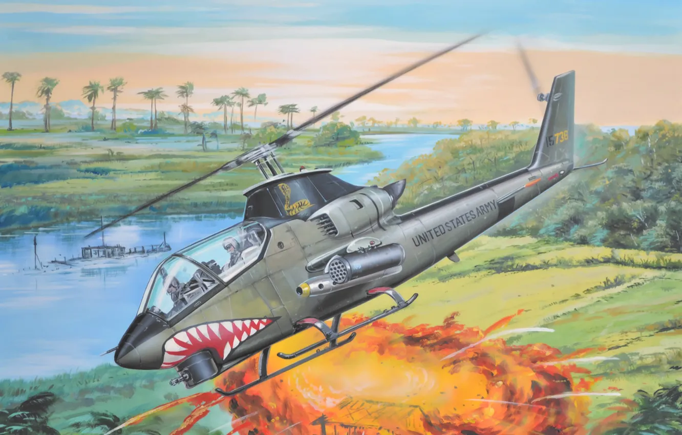 Photo wallpaper war, art, helicopter, painting, vietnam war, Bell AH-1G Huey Cobra