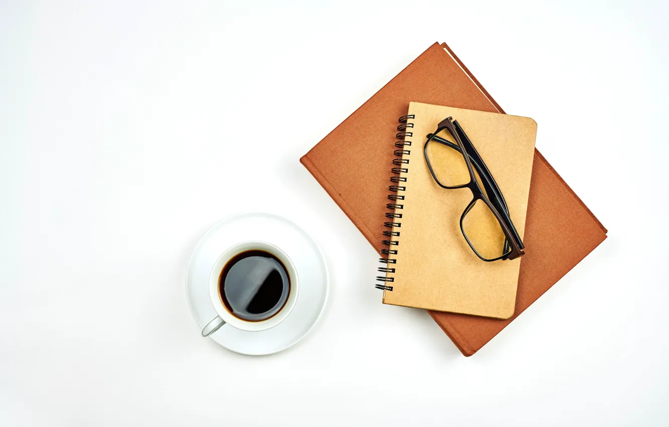 Photo wallpaper coffee, glasses, Cup, white background, Notepad, notebook, saucer