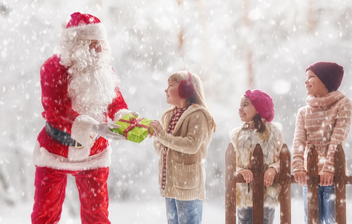 Photo wallpaper winter, snow, children, holiday, new year, Santa Claus