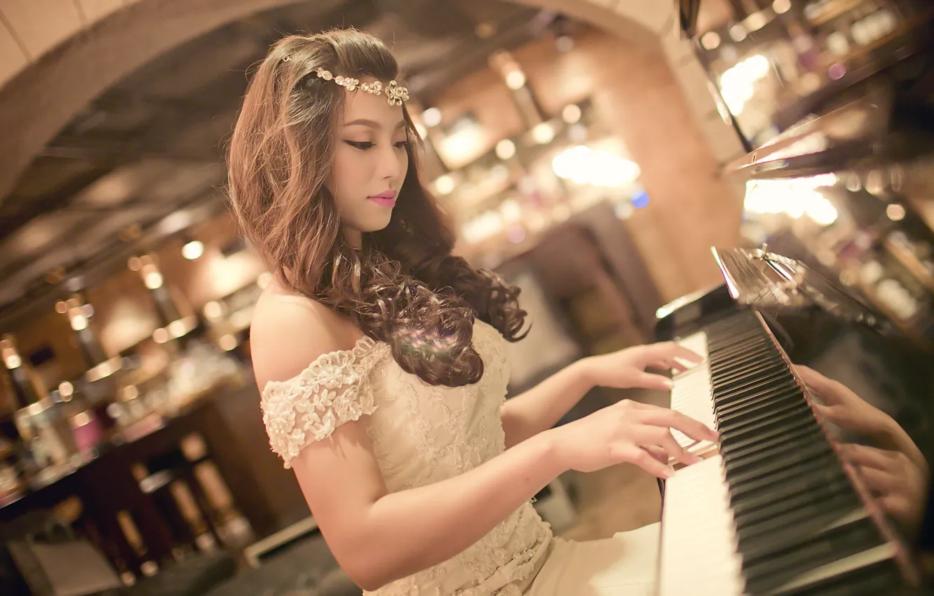 Photo wallpaper girl, music, Asian, piano