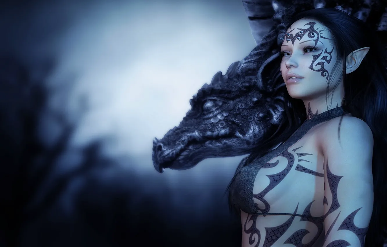 Photo wallpaper look, girl, sign, dragon, figure, tattoo