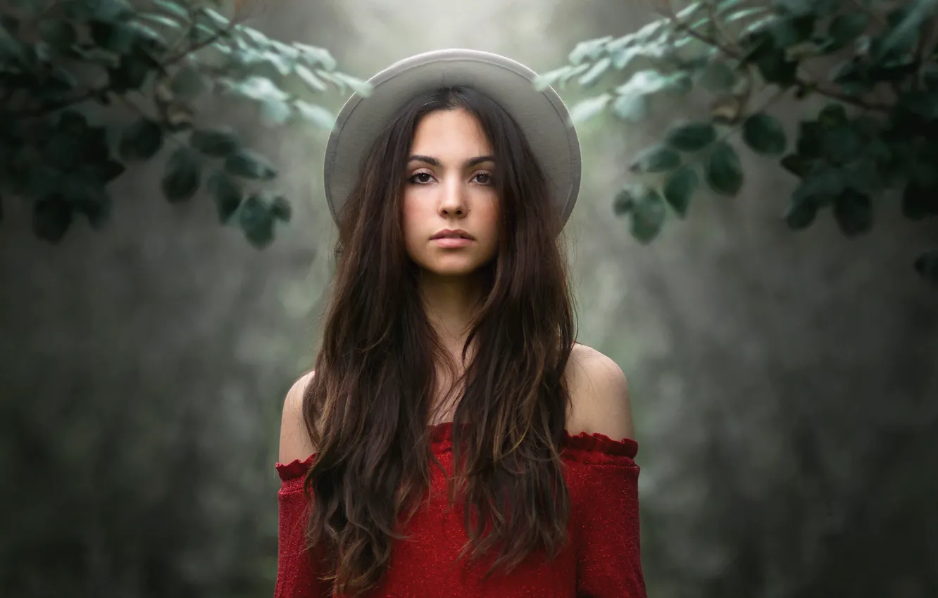 Photo wallpaper look, girl, branches, background, mood, hat, long hair