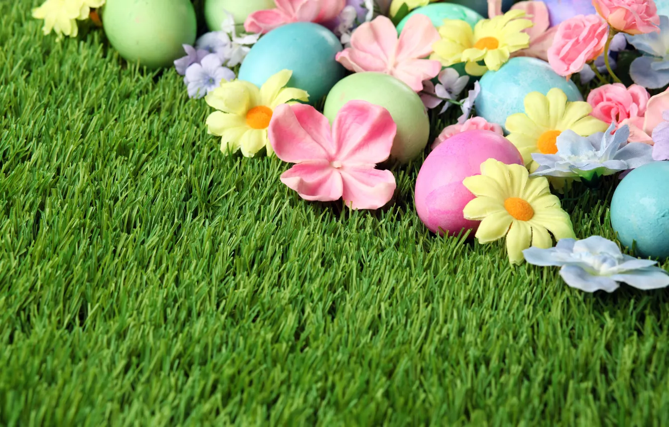 Photo wallpaper grass, flowers, Easter, flowers, spring, Easter, eggs, Happy